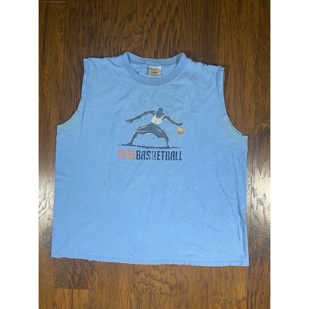 Vintage Nike Basketball Muscle Tee Mens XL Light Blue Distressed Cut Off Graphic